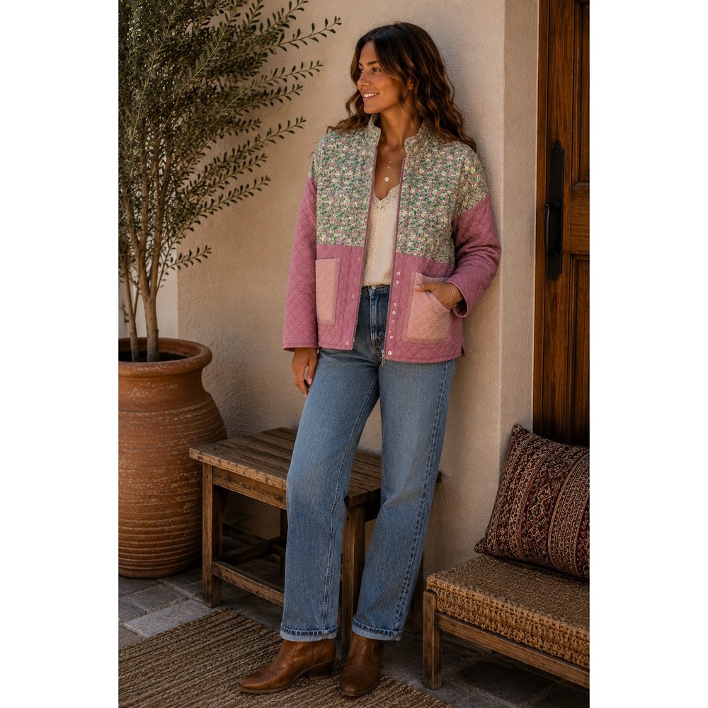 Fate Quilted Floral Patchwork Jacket Pink Green Lace Trim  Small NEW Sample
